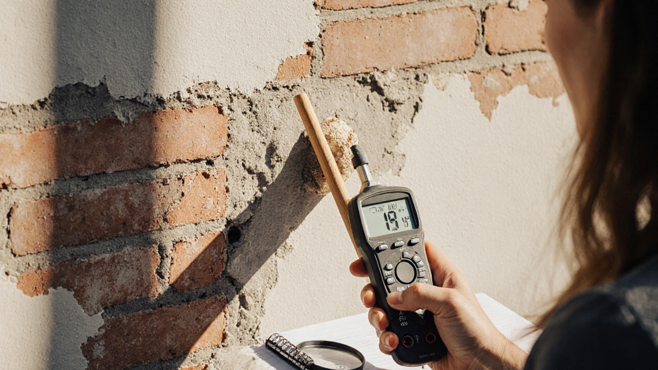 Hausbesitzer führt Klopfprobe an der Fassade durch, während er ein Feuchtemessgerät hält.