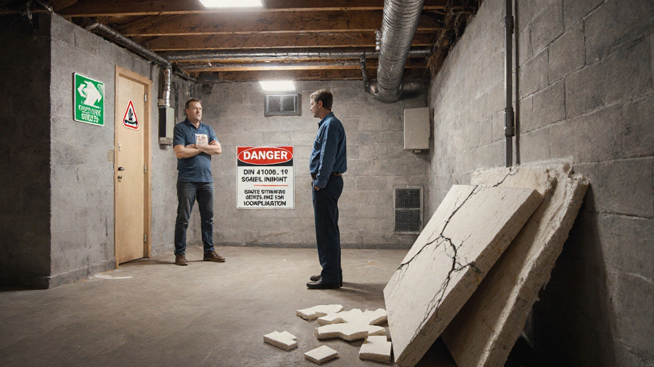 Hausbesitzer mit Baugutachter vor einem komplianten Kellerhobbyraum, hinter ihm sichtbare Sicherheitsmerkmale, vorne abgelehnte unsichere Materialien.