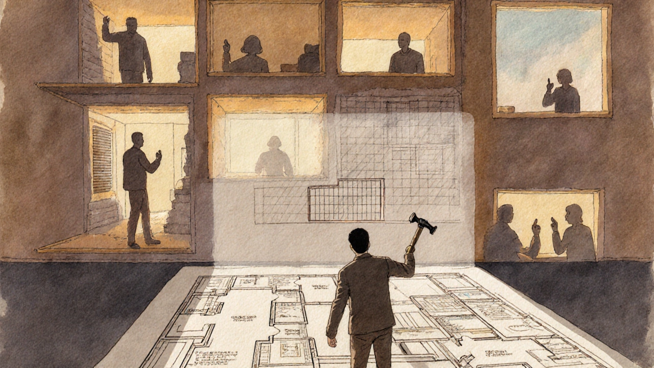 Hausbesitzer zeigt einen Bauplan mit einer tragenden Wand, während andere Bewohner unterschiedlich reagieren.