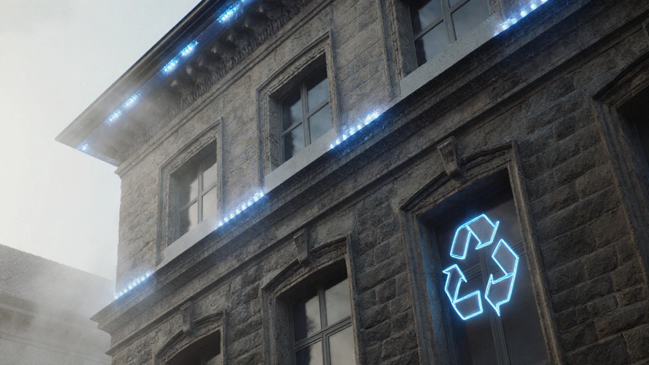 Intelligente Fassadenprofile mit eingebauten Sensoren, die Feuchtigkeit und Risse erkennen, auf einem denkmalgeschützten Gebäude.