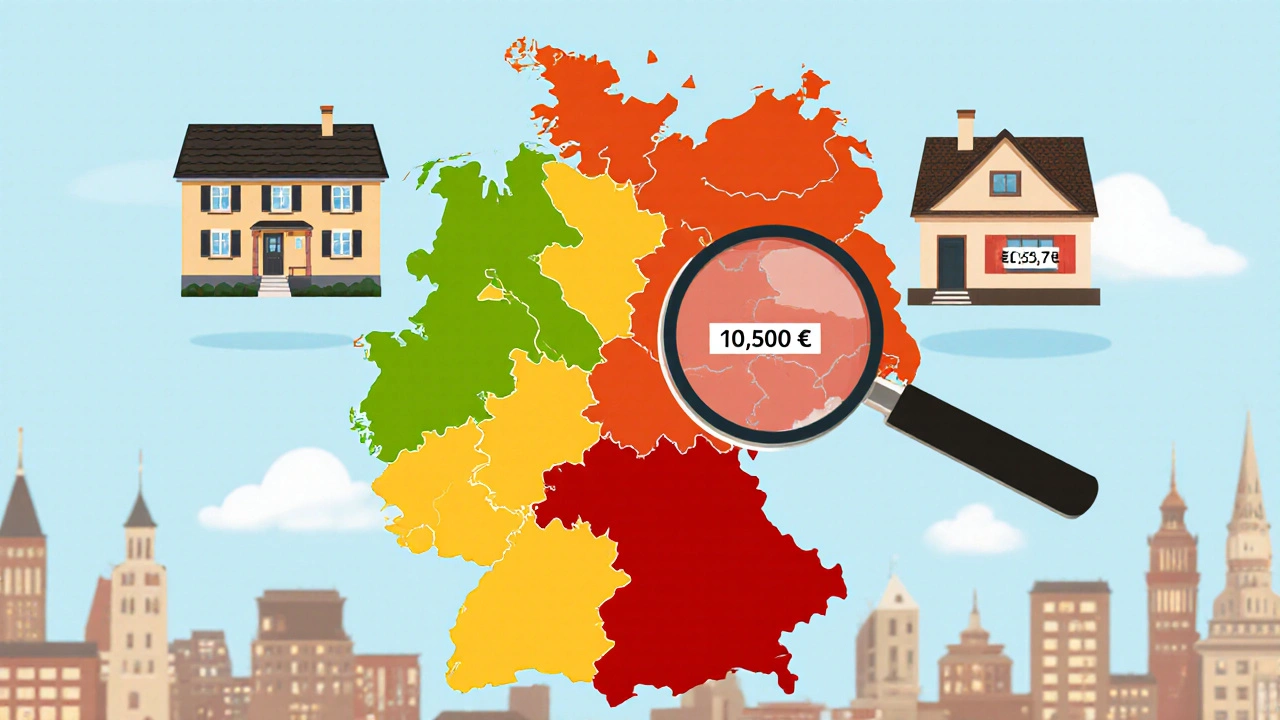 Karte Deutschlands mit farblich unterschiedlichen Grunderwerbsteuersätzen in den Bundesländern.