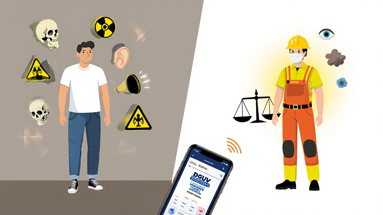 Kontrast: ungeschützte Person mit Gefahrensymbolen vs. geschützte Person mit PPE.