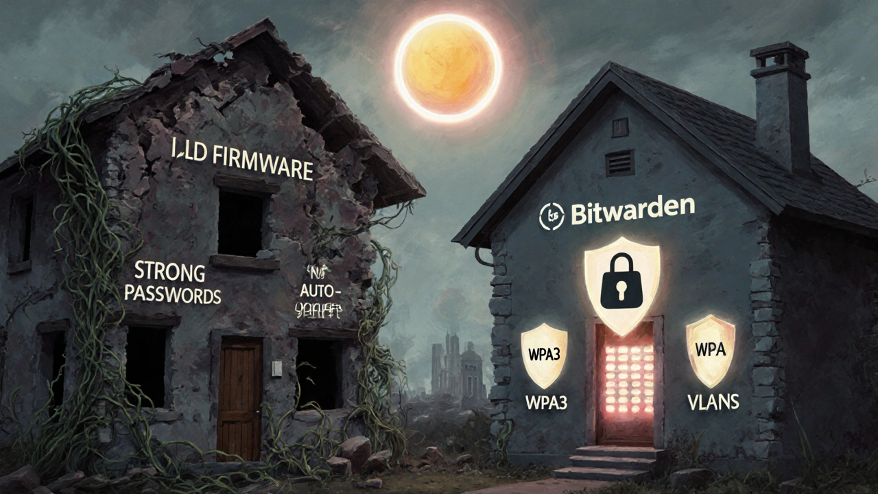 Konzeptuelles Bild eines veralteten Smart Homes im Verfall neben einem sicheren, geschützten Zuhause mit WPA3-Schildern und Update-Icons.