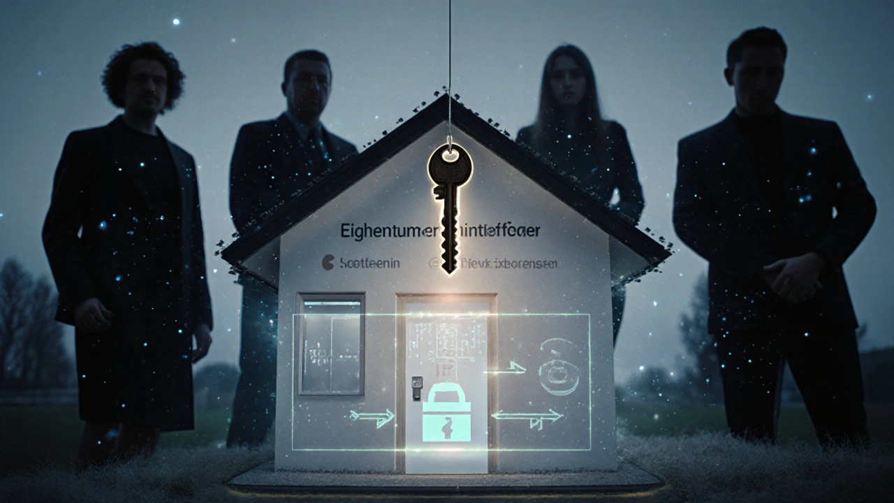 Schlüssel über Hausdach, verbunden mit Grundbuchanzeige und Geldtransfer, während Gläubiger und Erben beobachten