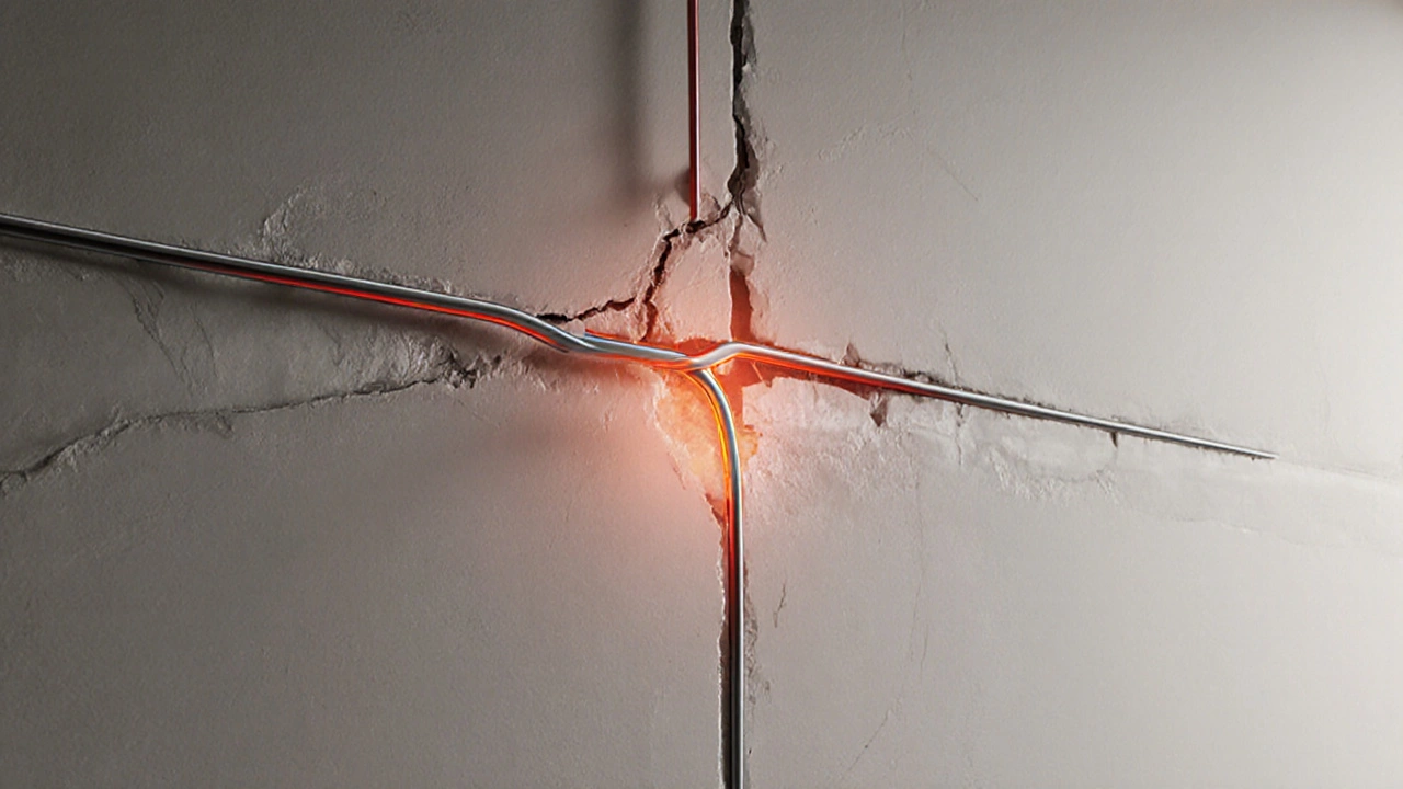 Schnitt durch eine Trockenbauwand: gefährlicher gebogener Kabelverlauf im Kontrast zu korrekten, geraden Leitungen und Feuchtigkeitsschaden durch beschädigte Dampfbremse.