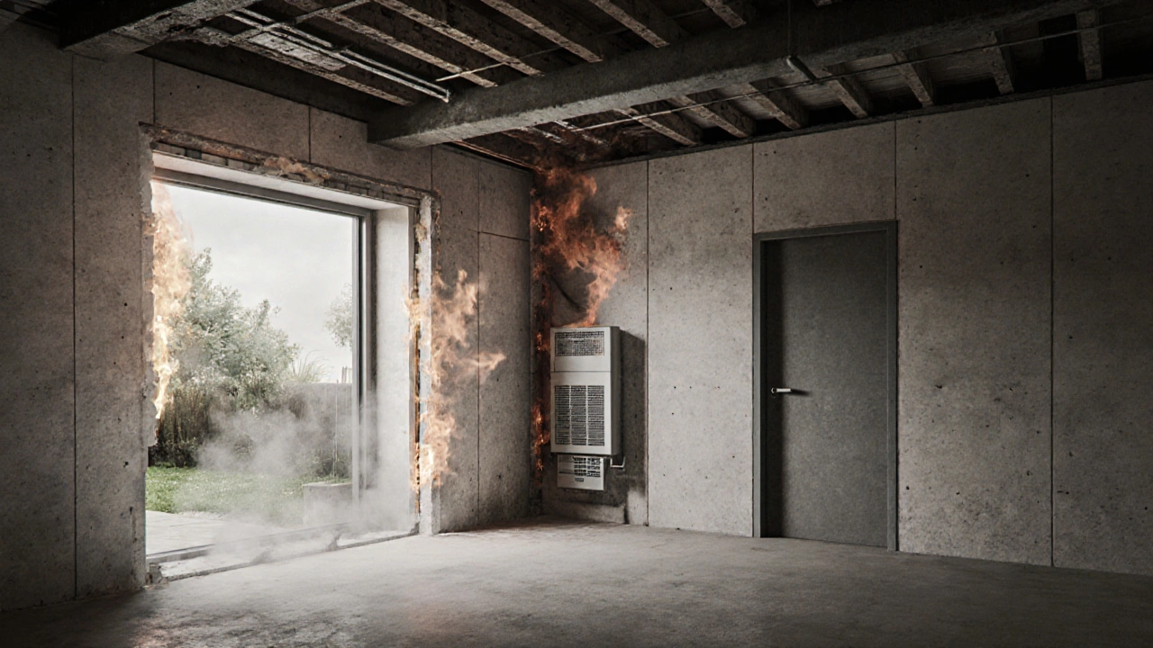 Schnittansicht einer feuerhemmenden Kellerwand mit Gipskartonplatten, Mineralwolle und Brandschutztür, daneben Fensterfluchttür zum Garten.