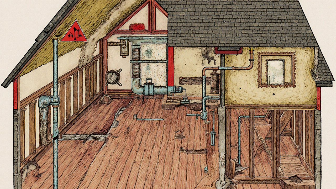 Schnittansicht eines Altbaus mit versteckten Gefahren: Asbest, Bleirohre und faule Holzbalken.