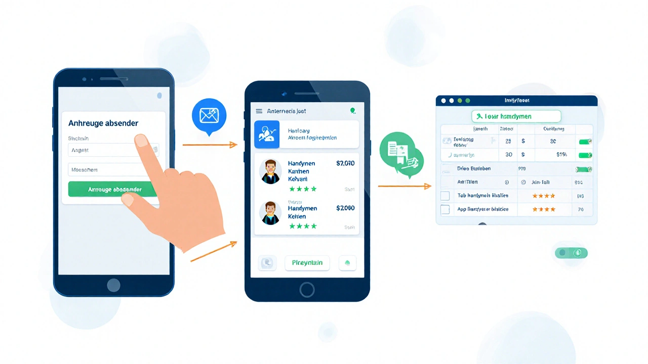 Schritt-für-Schritt-Prozess der digitalen Auftragsvergabe für Handwerkerleistungen.
