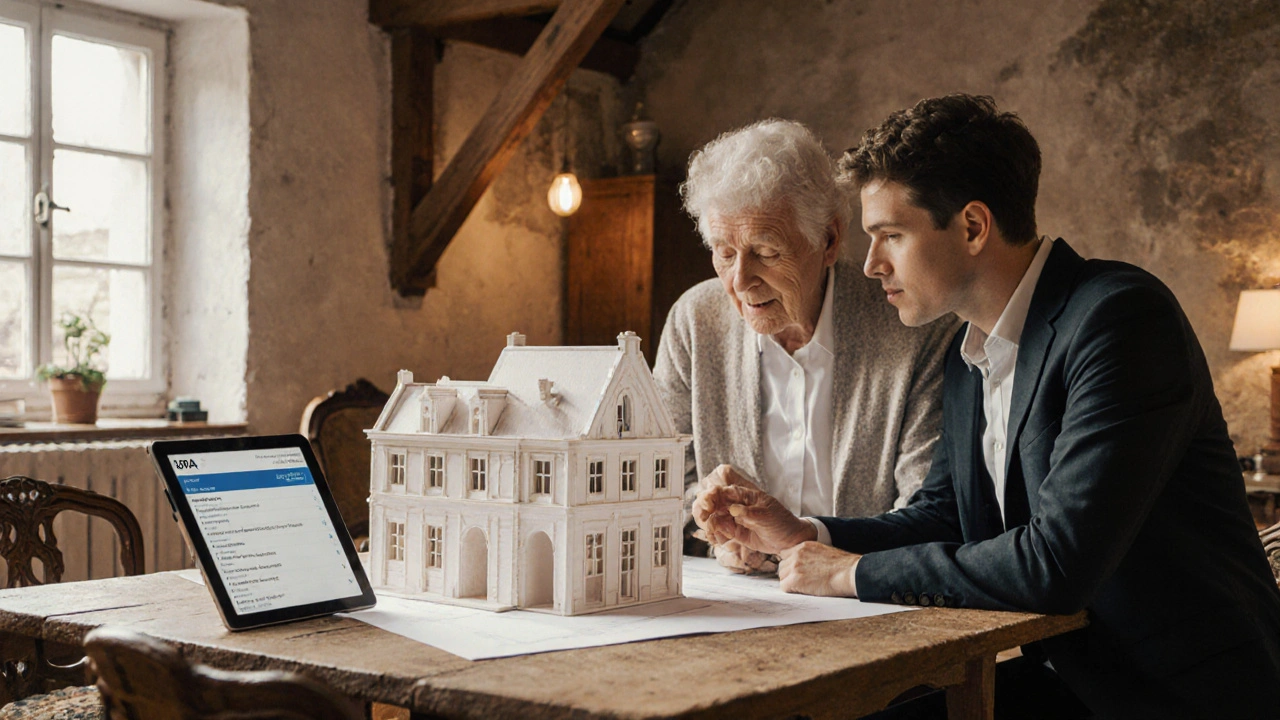 Senioren und Energieberater analysieren Sanierungspläne für ein denkmalgeschütztes Haus.