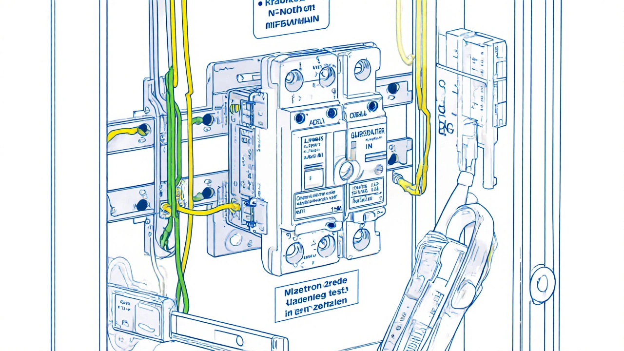 Technische Darstellung eines FI-Schutzschalters in einem deutschen Elektroverteiler mit korrekter Verkabelung von Phase, Neutralleiter und Schutzleiter.