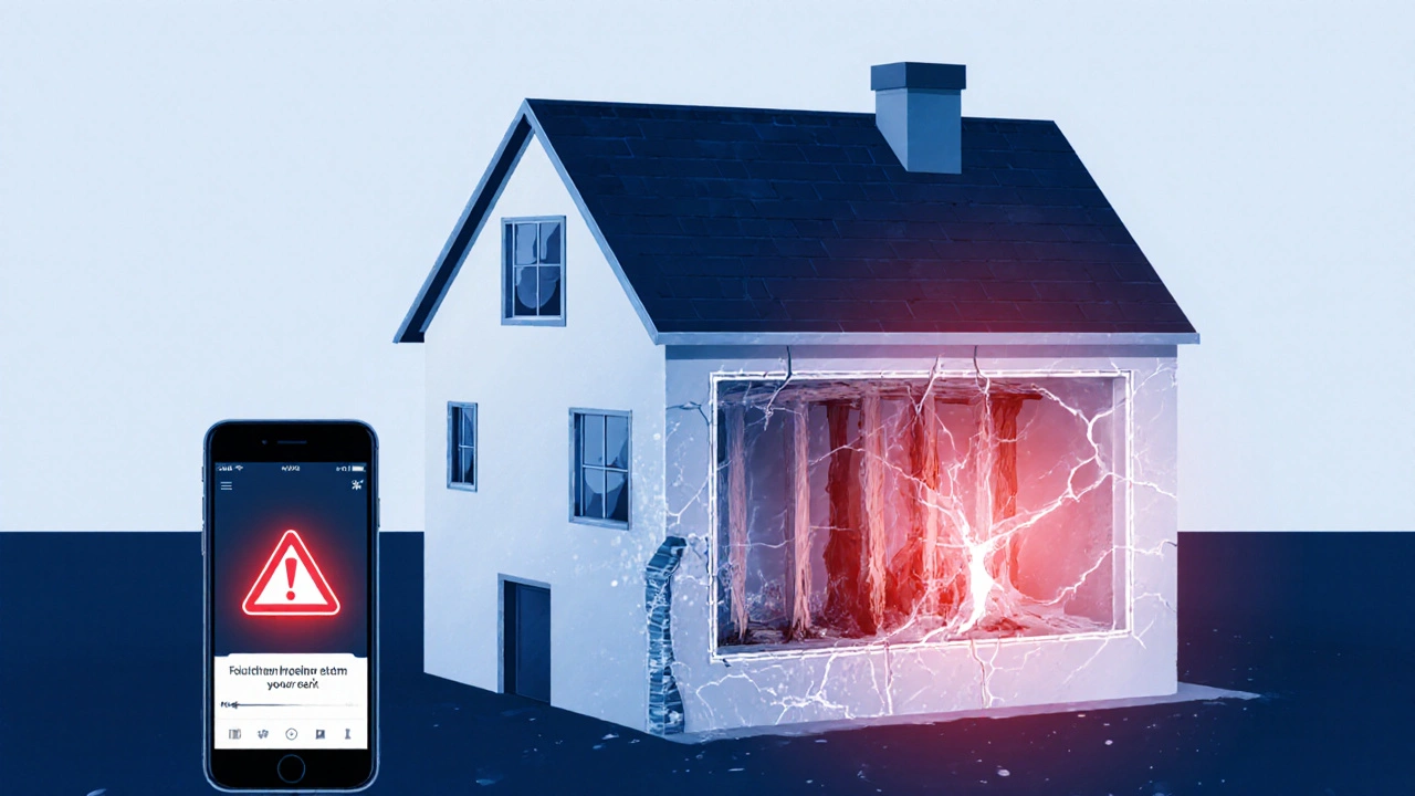 Transparenzansicht eines Hauses mit verborgener Feuchtigkeitsschäden in der Mauer und defekter Horizontalsperre.