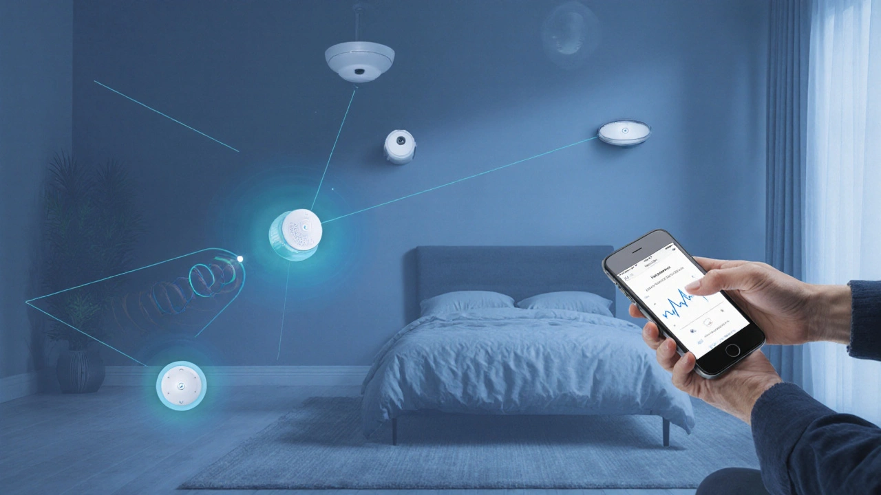 Unsichtbare Sensoren erkennen Stürze und Atemmuster im Schlafzimmer.