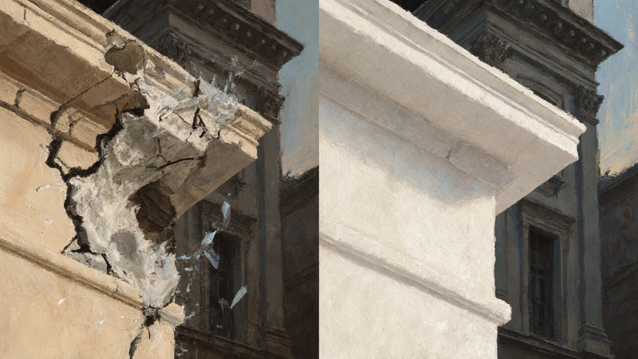 Vergleich von gebrochenem Gipsgesims und biegsamem Styroporprofil bei Gebäudesetzung, Materialunterschiede deutlich sichtbar.