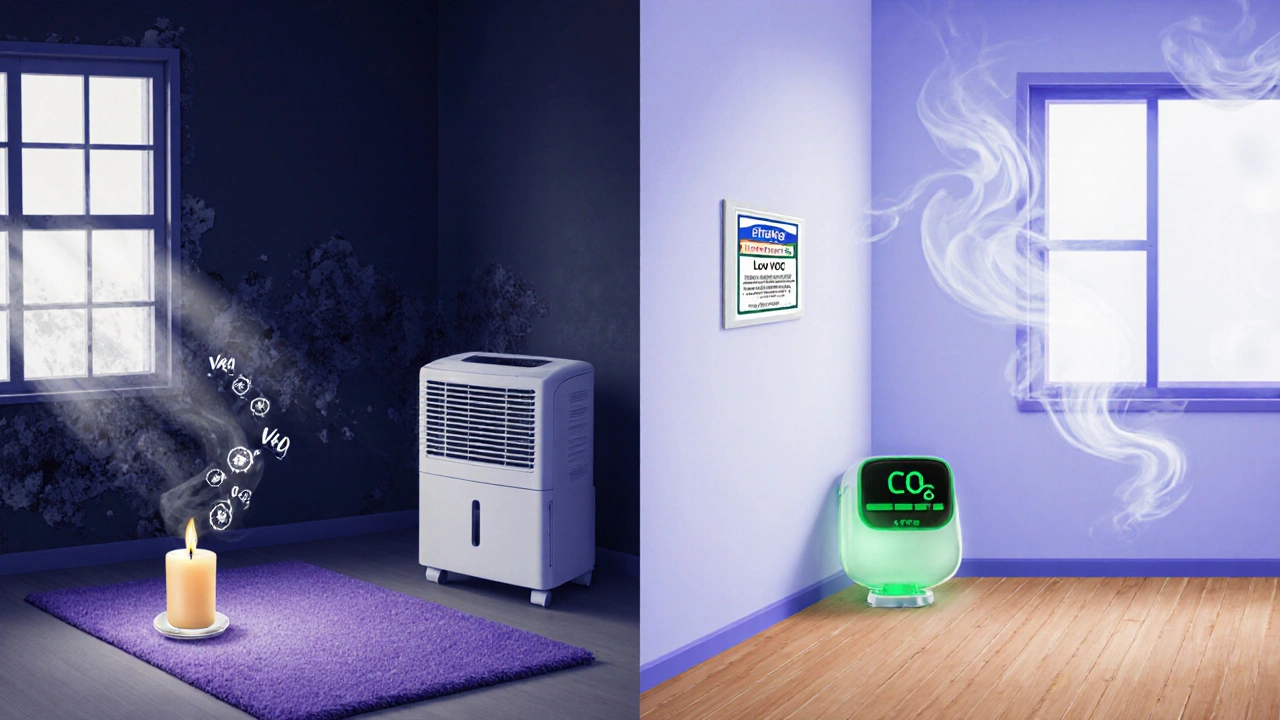 Vergleich von schadstoffbelastetem und gesundem Wohnraum mit Schimmel, Teppich und Luftreiniger.