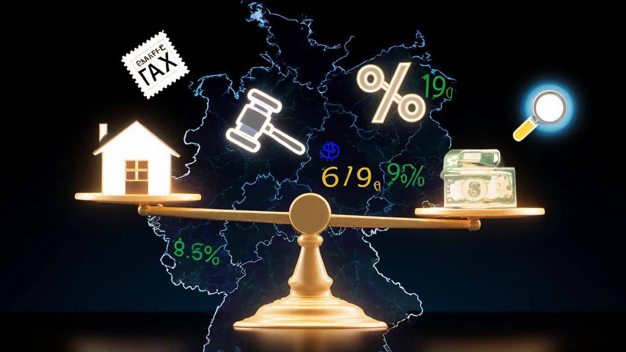 Waage mit Haus und Finanzkosten, Deutschland-Karte mit regionalen Steuersätzen.