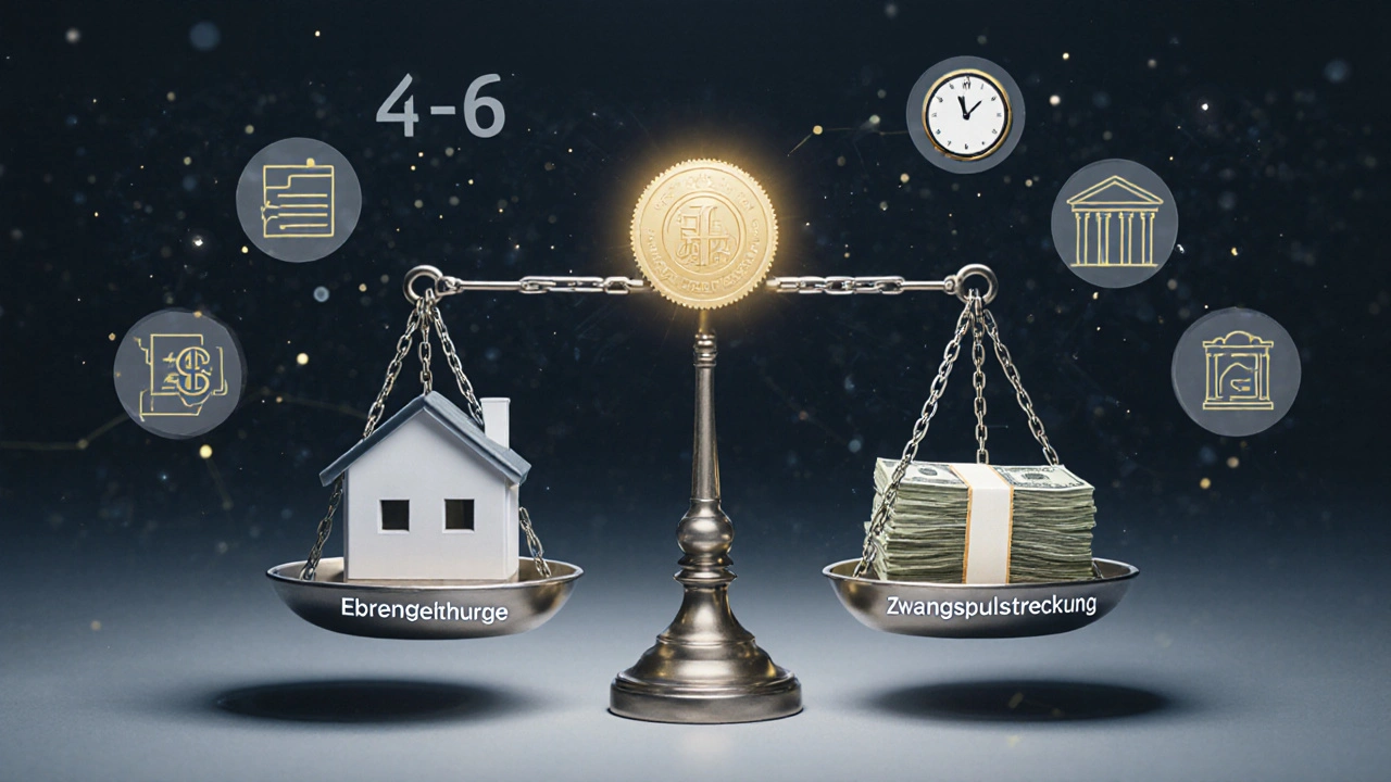 Waage mit Haus und Geld, belastet durch Erben, Zwangsvollstreckung und mehrere Banken, gehalten von Notarsiegel