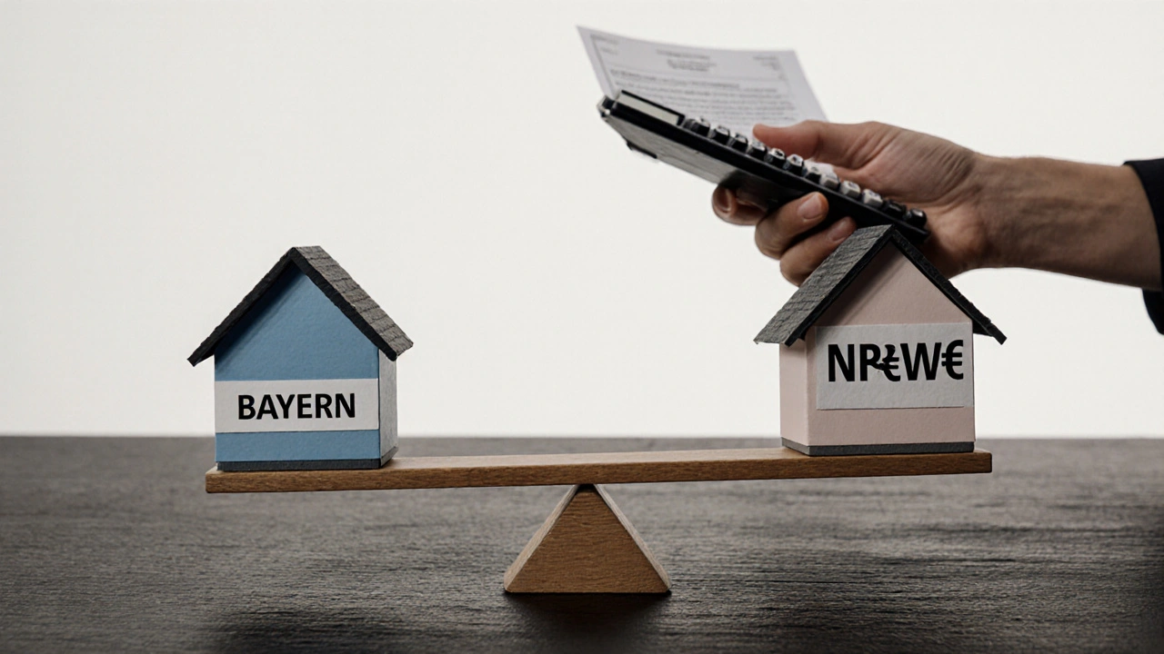 Waage mit Immobilien in Bayern und NRW, vergleichend mit Steuerbeträgen.