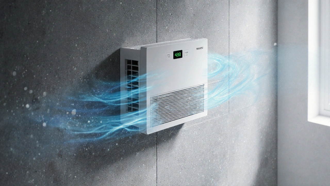 Wandmontierte Lüftungsanlage im Badezimmer, die feuchte Luft aus dem Duschbereich absaugt.