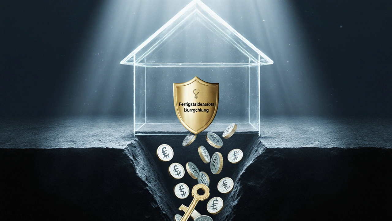 Zerbrechliches Haus über einem Abgrund, geschützt durch Bürgschaft und Grundbucheintrag.