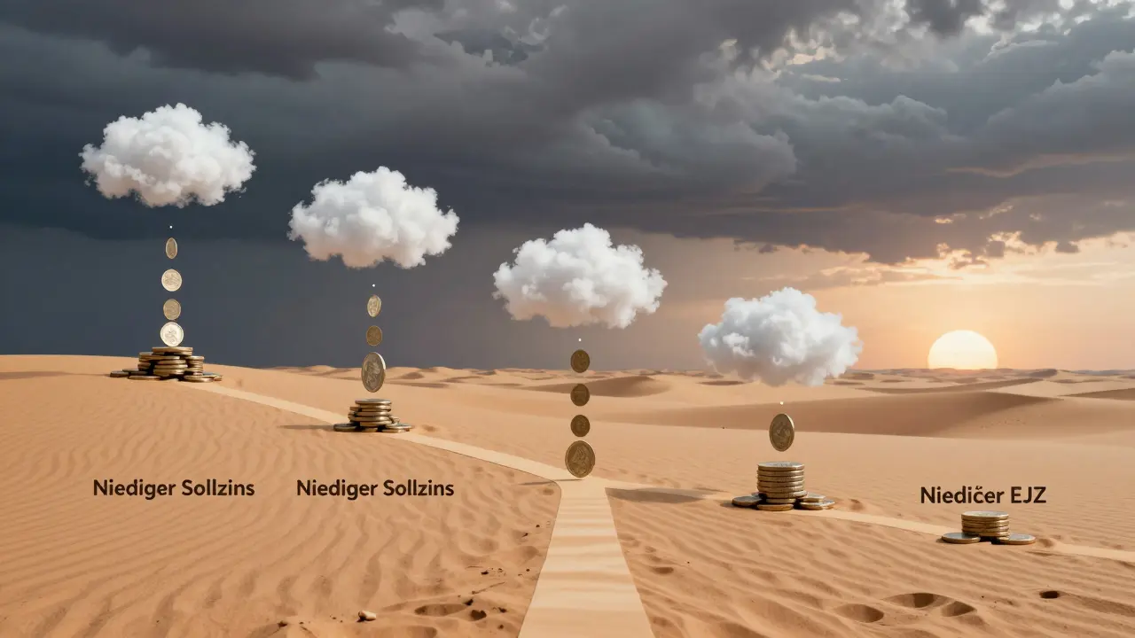 30-jährige Finanzreise durch Wüste: versteckte Zinsen vs. klare Konditionen mit Sonnenaufgang.