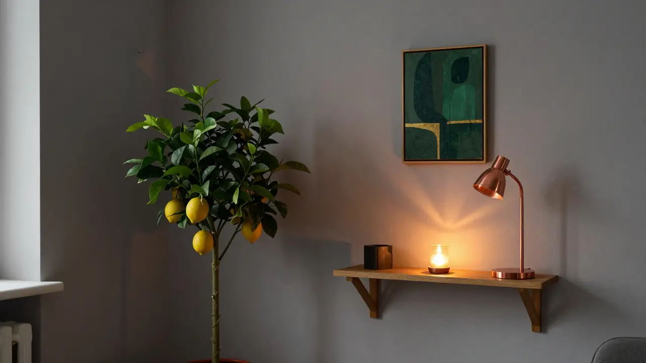 Abendstimmung in einem kleinen Wohnzimmer mit kupferner Lampe, Zitronenbaum und goldenem Akzentbild.