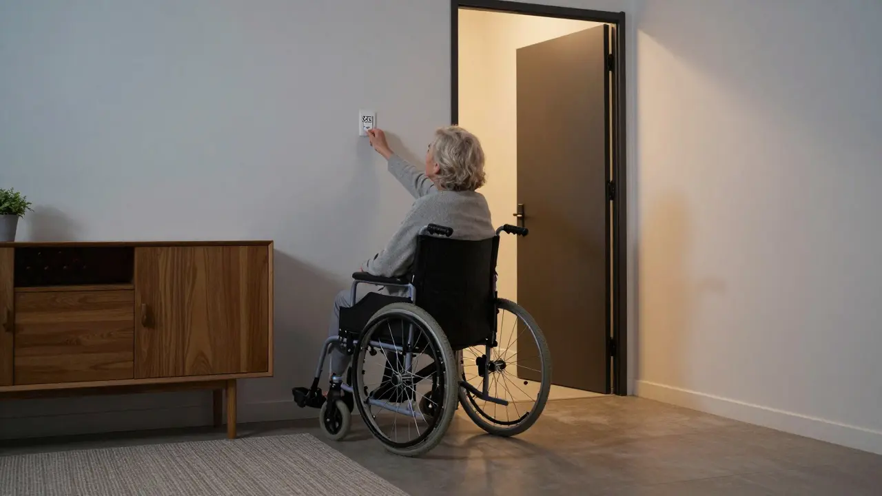 Ältere Person erreicht einen Lichtschalter auf 85 cm Höhe, während der Rollstuhl unter einem Sideboard mit 70 cm Kniefreiheit gleitet.
