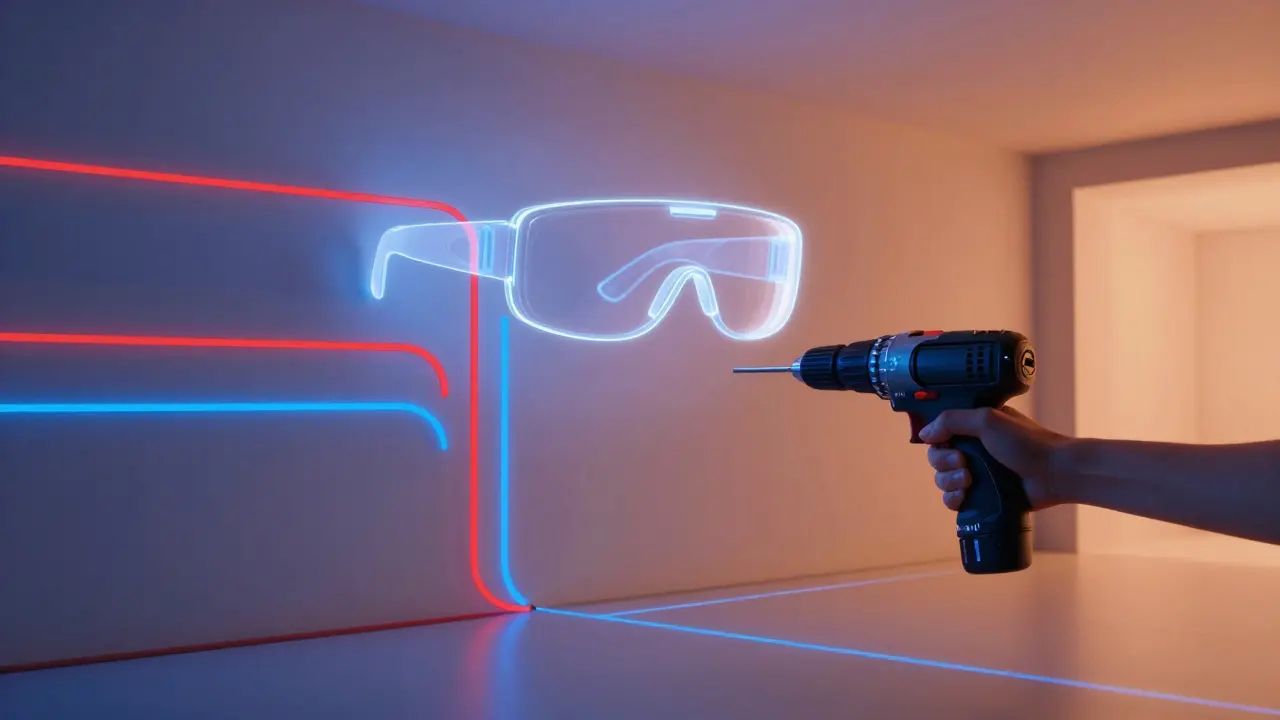 AR-Brille projiziert versteckte Leitungen als farbige Linien auf eine Wand für sicheres Bohren.