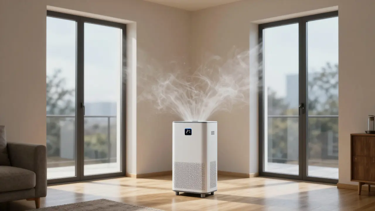 Bautrockner und Ventilator trocknen Wände in einem modernen Zimmer, große Fenster offen, Luftströmung sichtbar.