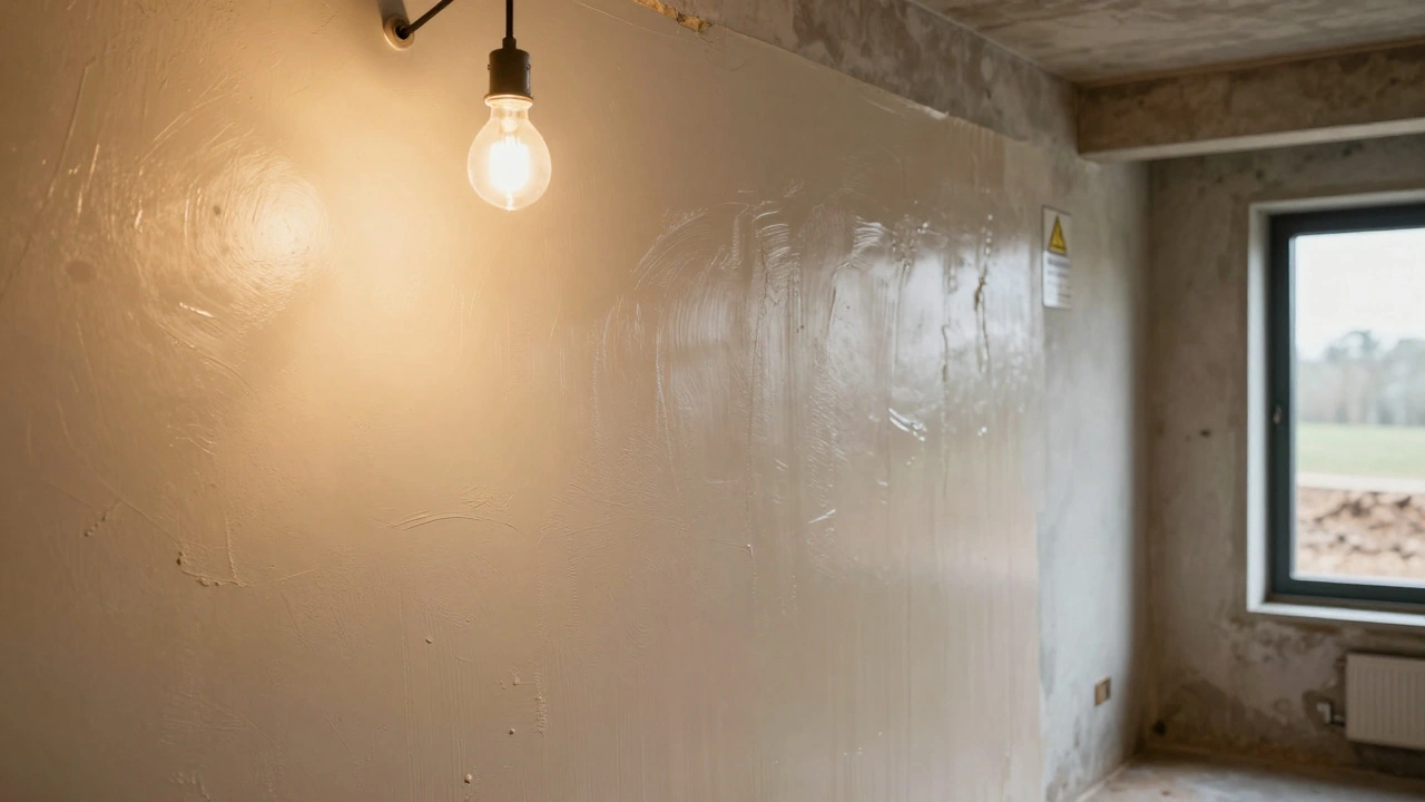 Betonwand im Keller mit wasserundurchlässiger Dichtschlämme, frei von Feuchtigkeitsschäden.