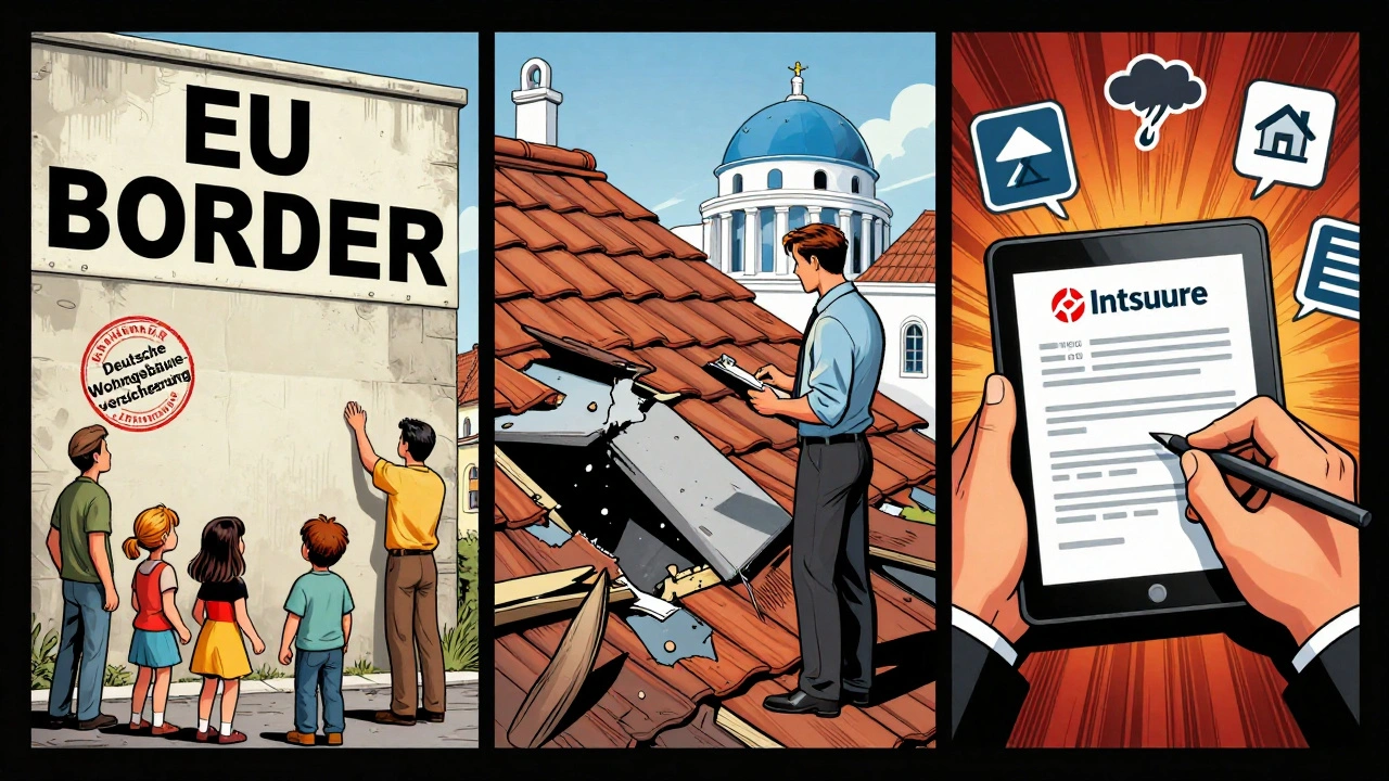 Comic-Stil: Drei Szenen – abgelehnte deutsche Versicherung, Gutachter in Griechenland, digitaler Versicherungsvertrag mit Intasure-Logo.