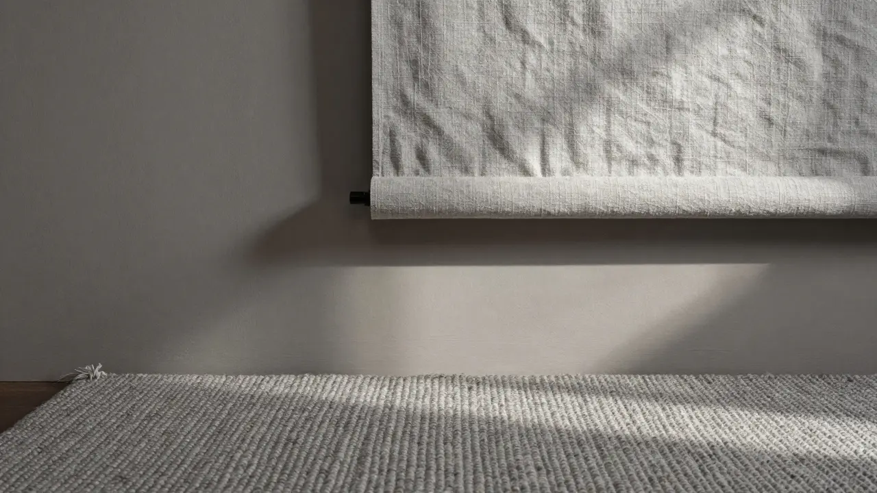 Detaillierte Ansicht dreier Texturen: glatte Wand, Leinengardine und Wollteppich im warmen Licht.