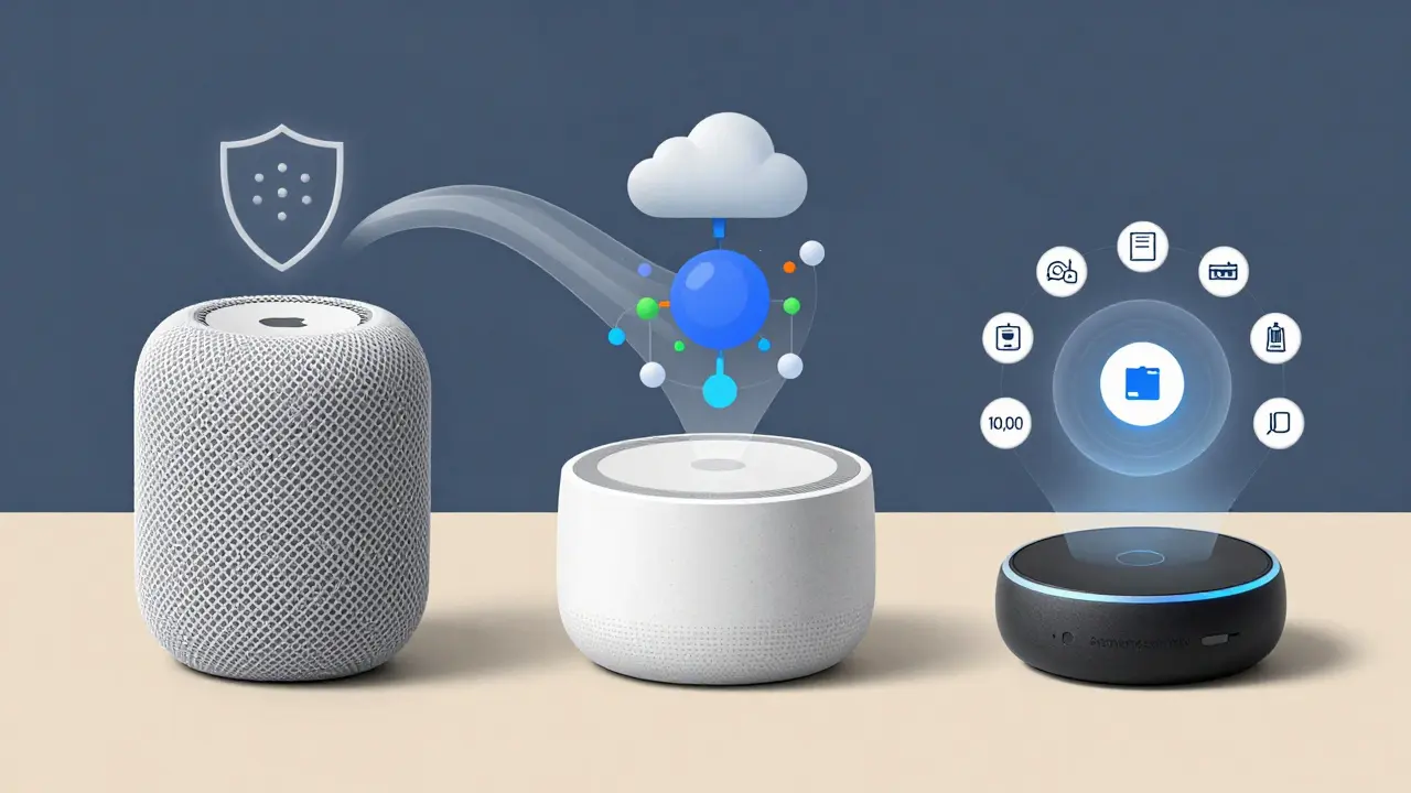 Drei Smart-Home-Assistenten nebeneinander: Alexa, Google Assistant und HomeKit mit unterschiedlichen Datensymbolen.