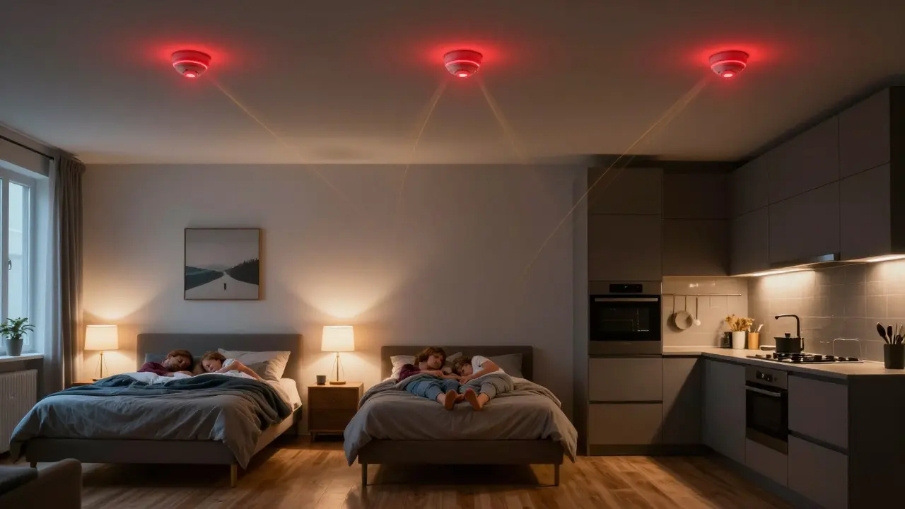 Dreistöckige Wohnung, Rauchmelder in verschiedenen Etagen verknüpft, Alarmlichter leuchten gleichzeitig bei Brandgefahr.