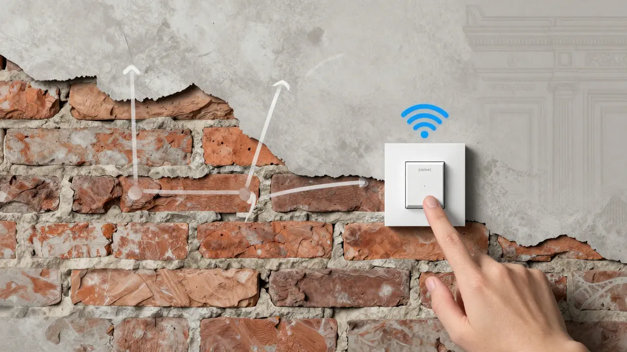 Durch eine dicke Mauer dringende Funksignale von kabellosen Smart-Home-Geräten, ohne sichtbare Kabel.