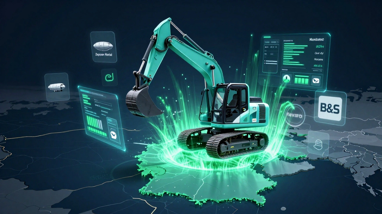 Ein elektrischer Minibagger über Deutschland mit digitalen Miet- und Energie-Indikatoren.