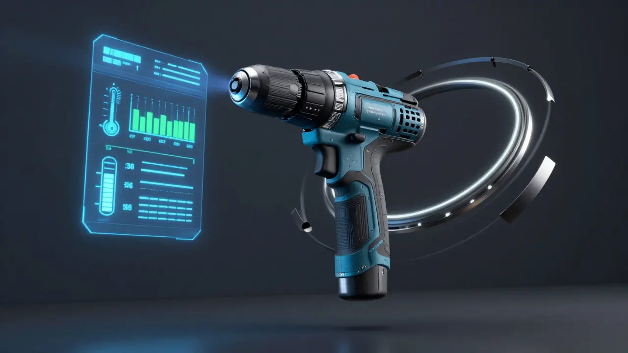 Ein intelligenter Schlagbohrer mit digitaler Anzeige und recycelbaren Teilen schwebt über einer Wand, Symbol für moderne Werkzeugtechnik.
