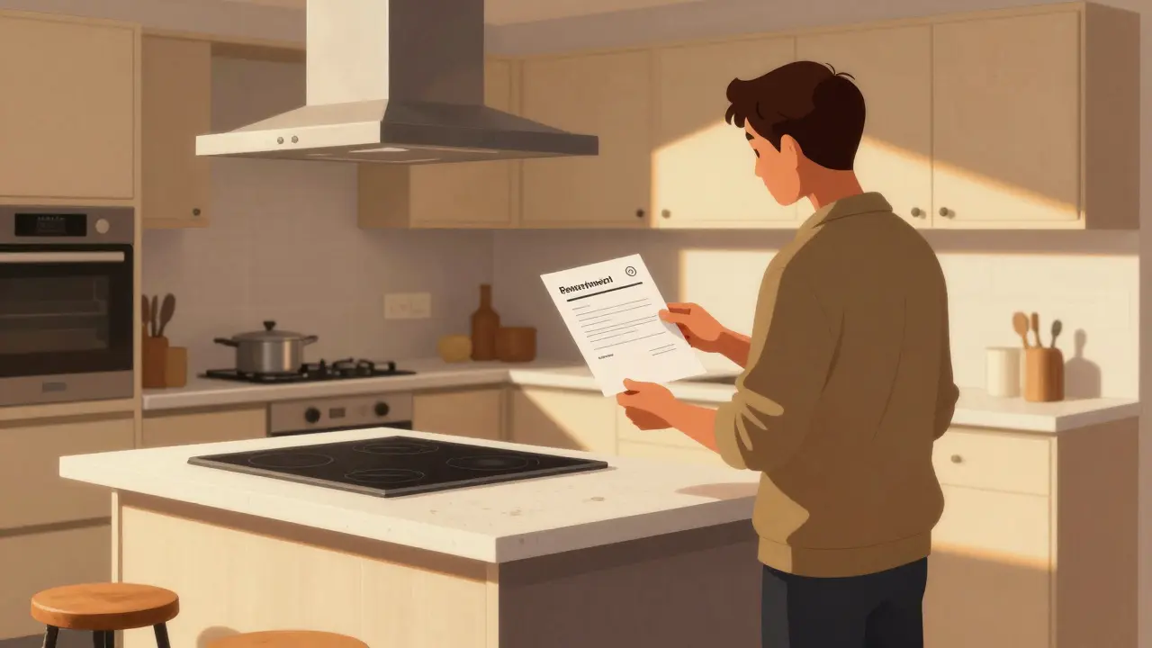 Ein Mieter hält einen Brief an den Vermieter, während moderne und alte Küchengeräte nebeneinander stehen.