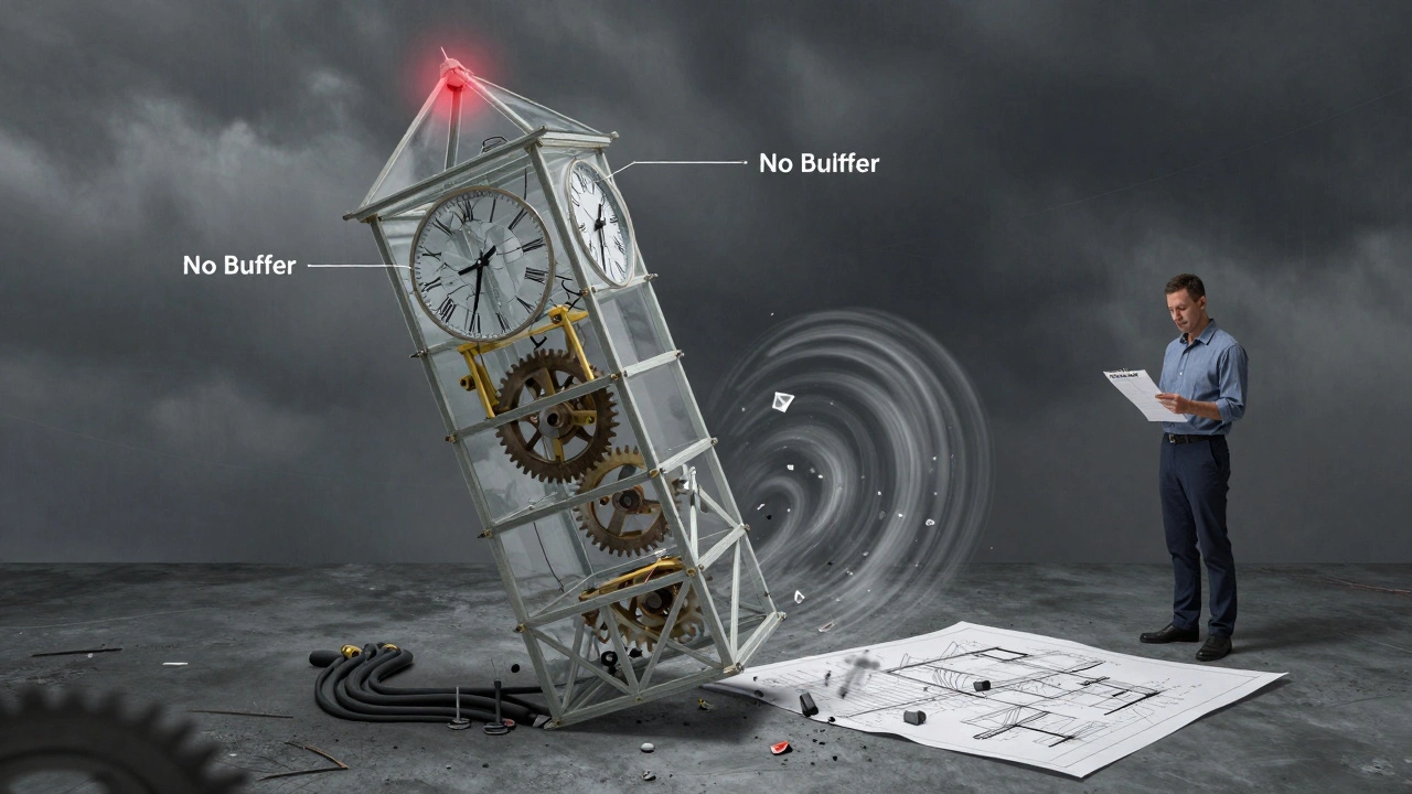 Ein zerbrechliches Uhrenturm aus Bauelementen kippt, weil keine Pufferzeiten eingeplant wurden.