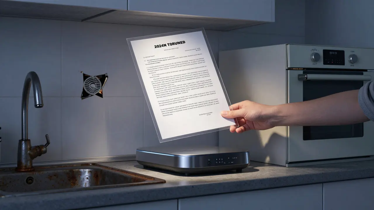 Eine über 20 Jahre alte Küche mit einem rechtlichen Dokument, das den Schutz des Mieters symbolisiert.