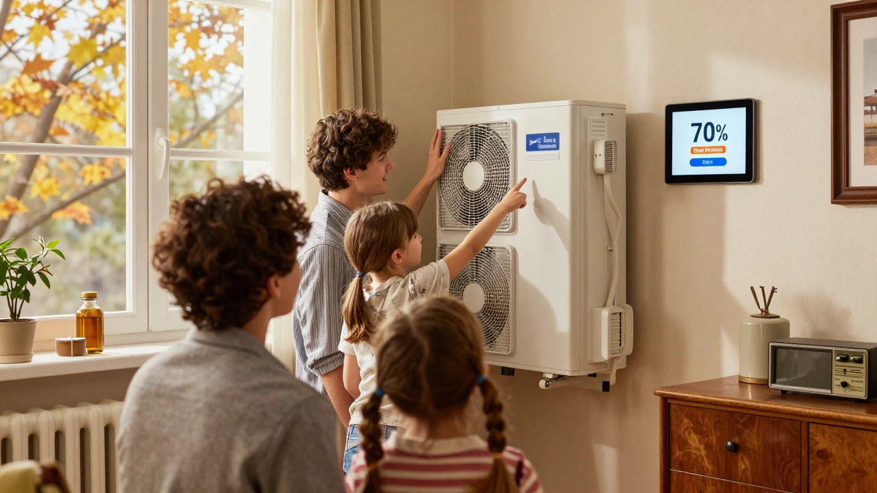 Familie feiert die Installation einer Wärmepumpe mit Förderzusage auf einem Tablet.