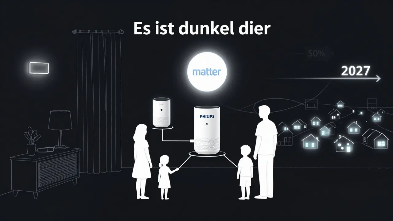 Familie sagt 'Es ist dunkel hier', und das Zuhause reagiert automatisch – Matter-Standard verbindet alle Geräte.