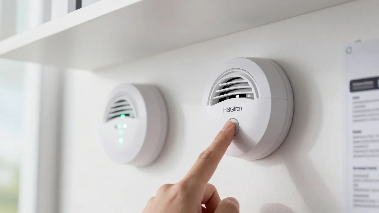 Hand drückt Pairing-Taste an einem Rauchmelder, andere Geräte reagieren mit blinkenden LEDs in der Nähe.