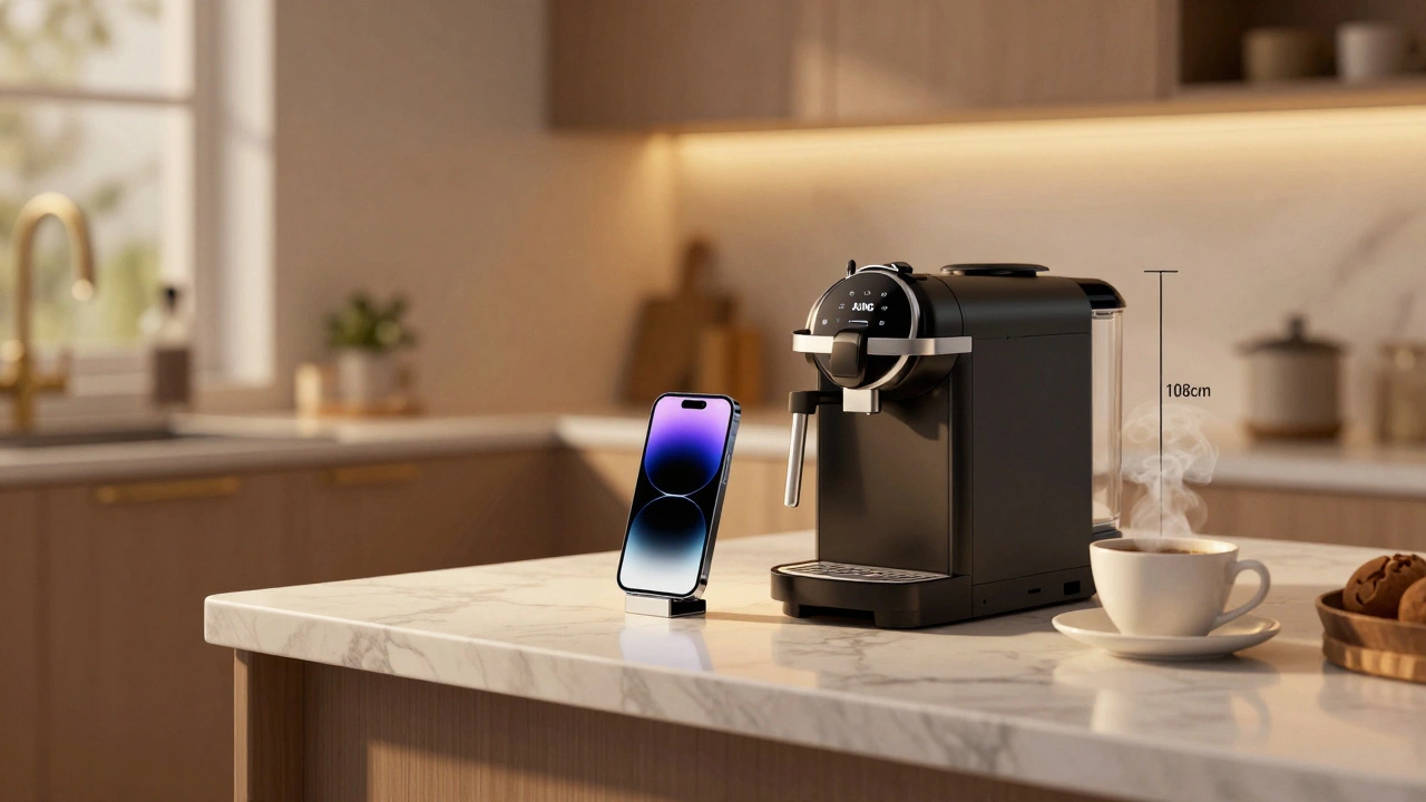 Küchentheke mit integrierter USB-Steckdose, die Smartphone und Kaffeemaschine versorgt.