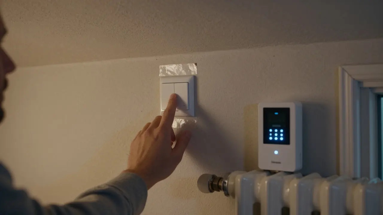 Person drückt einen batterielosen Schalter an einer Stuckdecke, ohne Bohrlöcher, mit smarten Sensoren im Hintergrund.