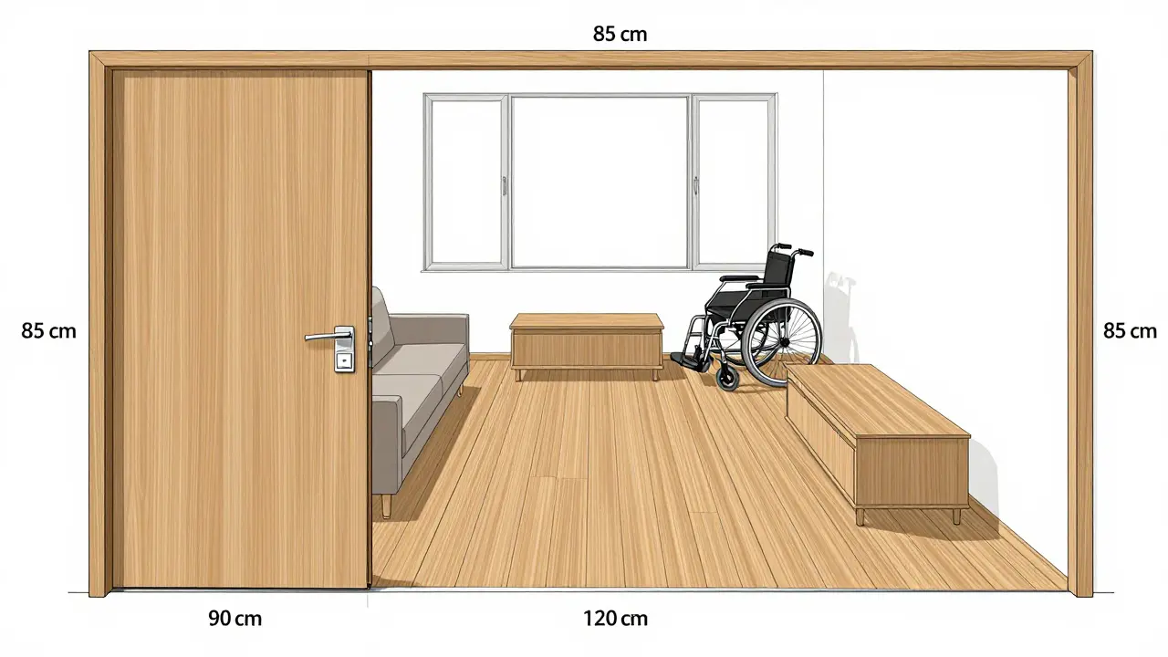 Planungsansicht eines barrierefreien Wohnzimmers mit 120 cm breiten Gängen, 90 cm breiter Tür ohne Schwelle und Steckdosen in optimaler Höhe.