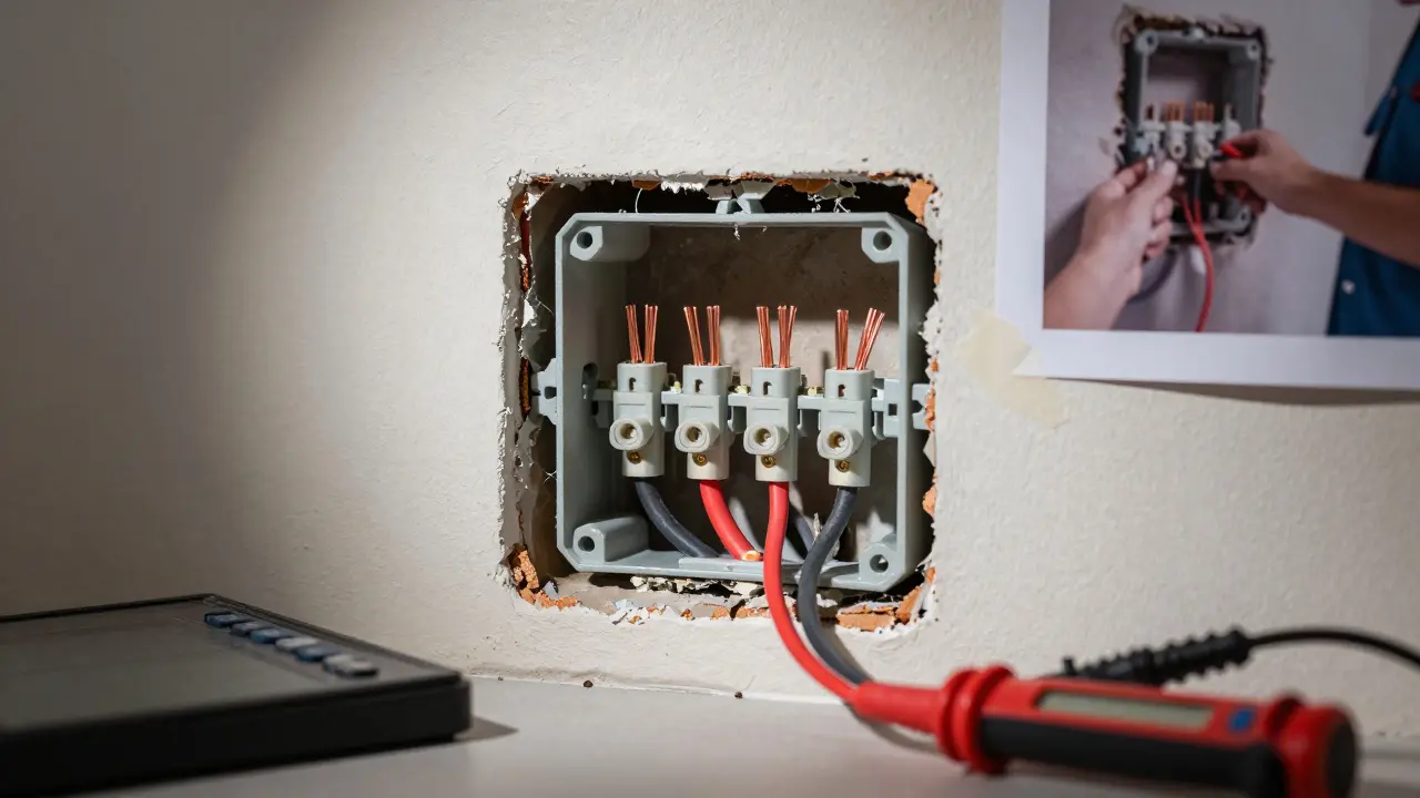 Professionell reparierte Stromleitung mit Wago-Klemmen in Unterputzdose, keine Isolierbandnutzung.