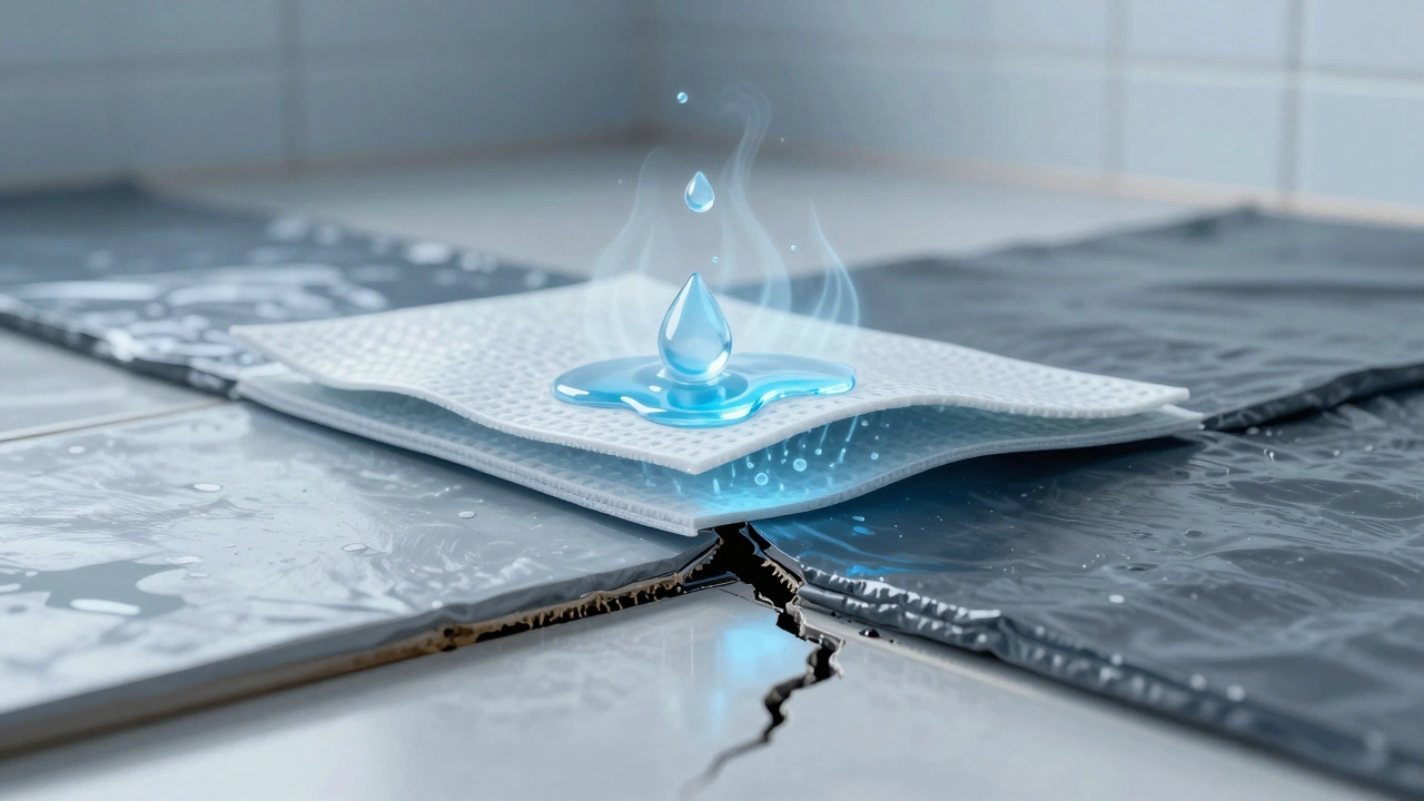 Querschnitt einer flexiblen Abdichtung, die einen Riss in einem Boden überbrückt und Wasserdampf durchlässt.