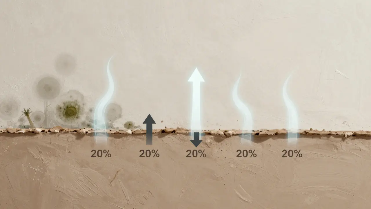 Querschnitt einer trocknenden Wand mit Feuchtigkeitsabnahme über Zeit, Schimmel im Hintergrund kontrastiert mit trockener Wand.