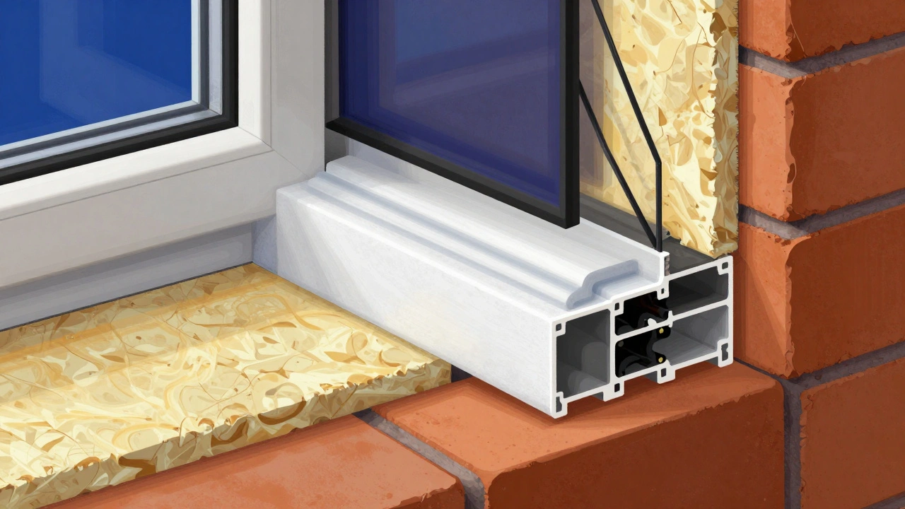 Schnittansicht eines fensteranschlusses mit Dichtband und Montageschaum, dargestellt als technische Illustration.