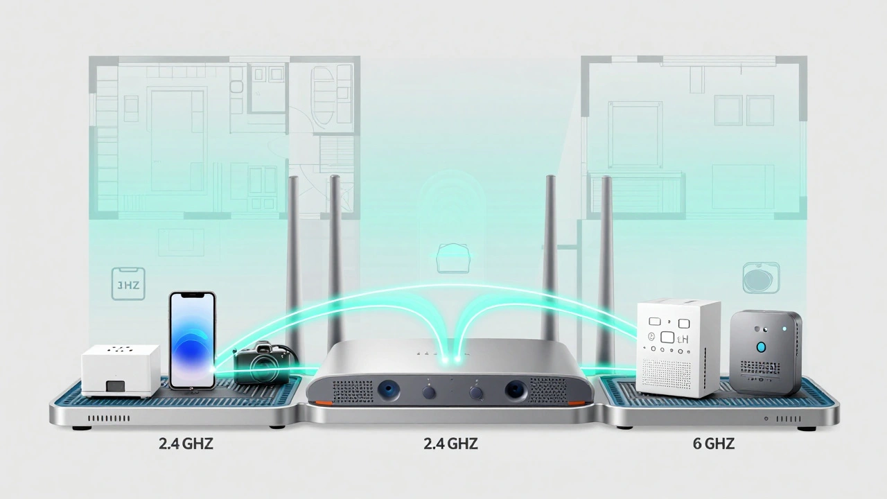 Technische Darstellung eines Tri-Band-Mesh-Netzwerks mit dediziertem Backhaul und mehreren Geräteverbindungen.
